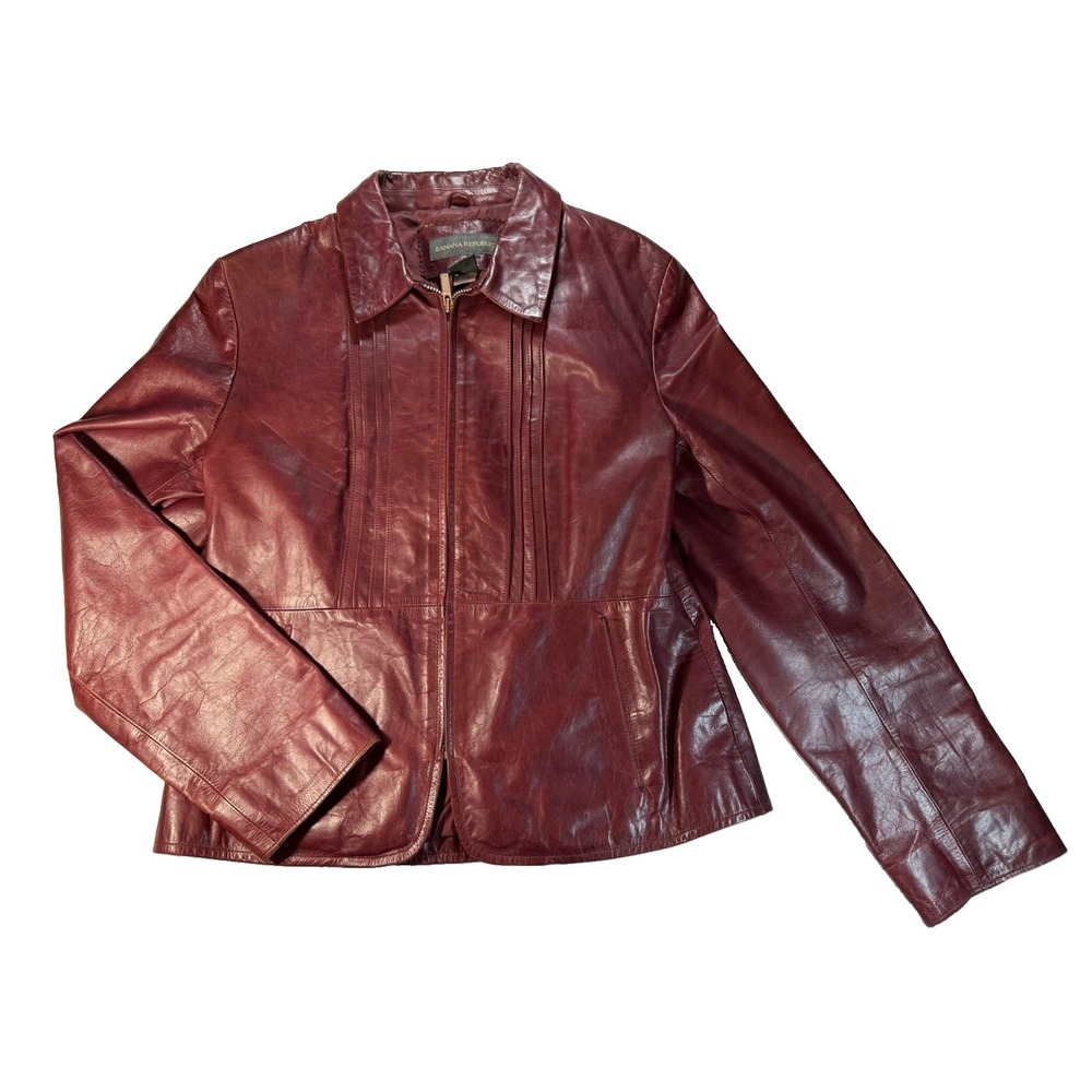 Banana Republic Womens 8 Burgundy Leather Jacket Merlot Full Zip Pintuck Y2K